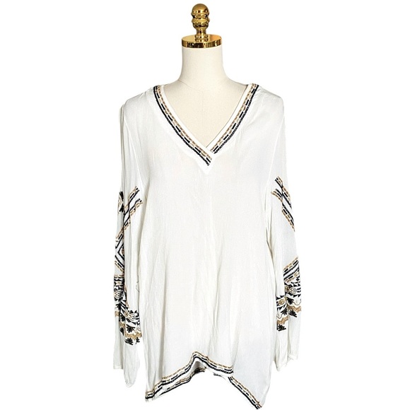 SOFT SURROUNDINGS | Bohemian Balloon Sleeve White Embroidered Tunic Blouse Sz L - Picture 1 of 8